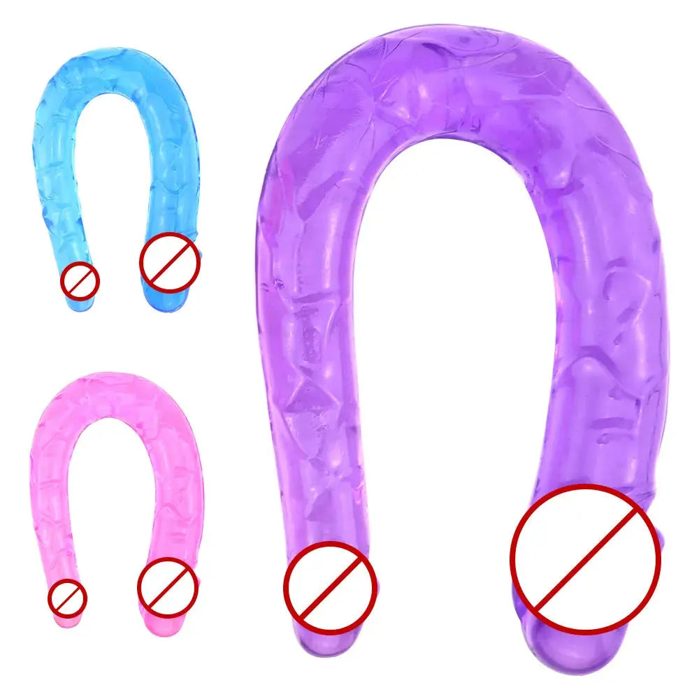 Purple double head realistic dildo with flexible soft crystal jelly material, designed for G-spot and anal stimulation for women.