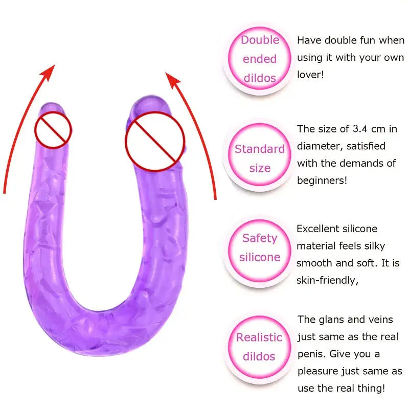 Purple double-head realistic dildo by SHOPEZRA L.L.C., flexible soft crystal jelly material, designed for G-spot and anal stimulation.