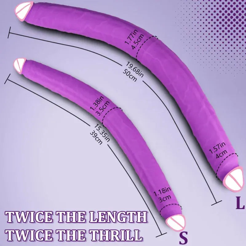 Purple double-ended realistic dildo by SHOPEZRA L.L.C. with flexible design for anal and vaginal stimulation for women and couples.