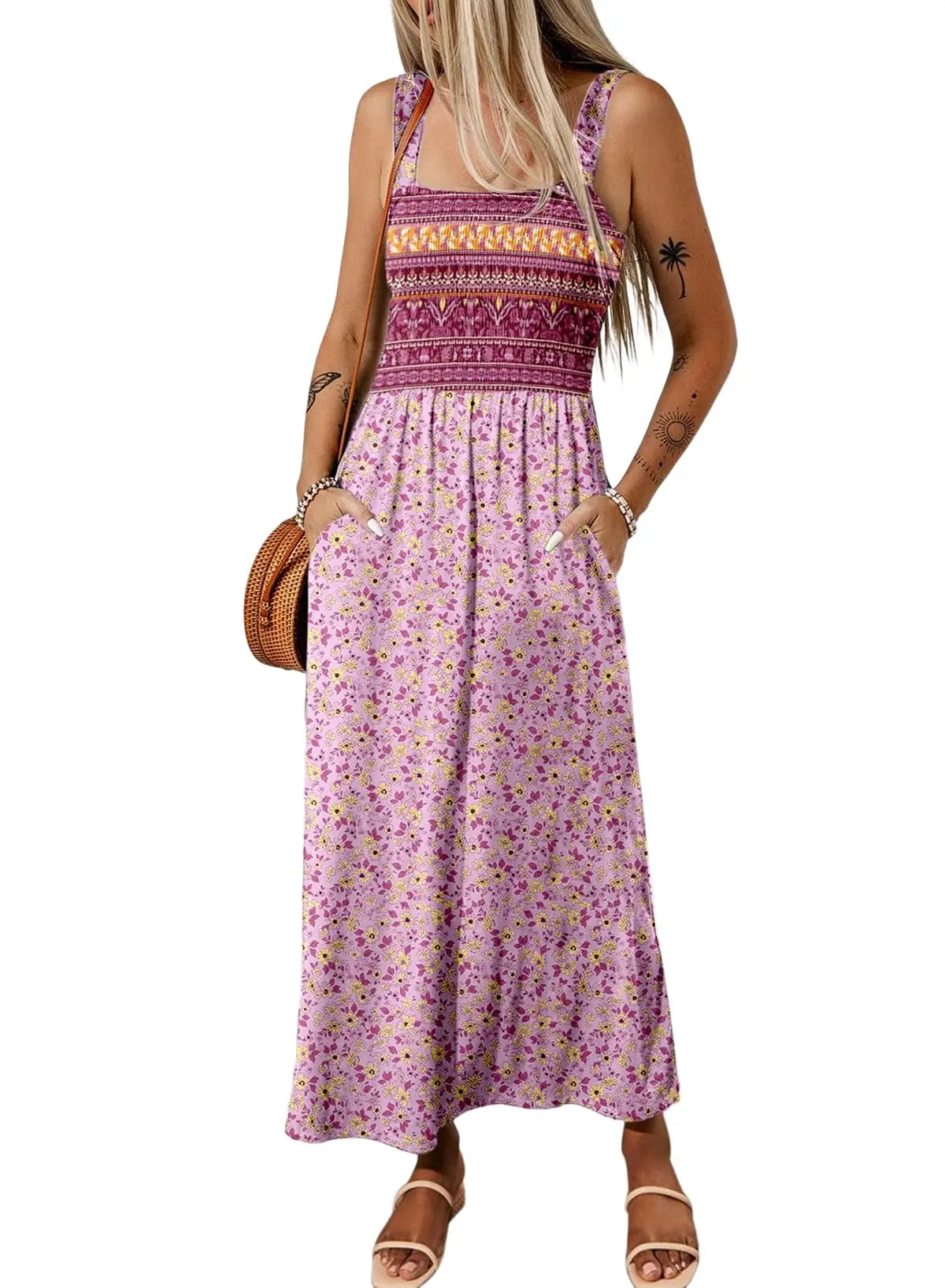 Dokotoo sleeveless purple summer midi dress for women with floral print and A-line silhouette, perfect for summer occasions.