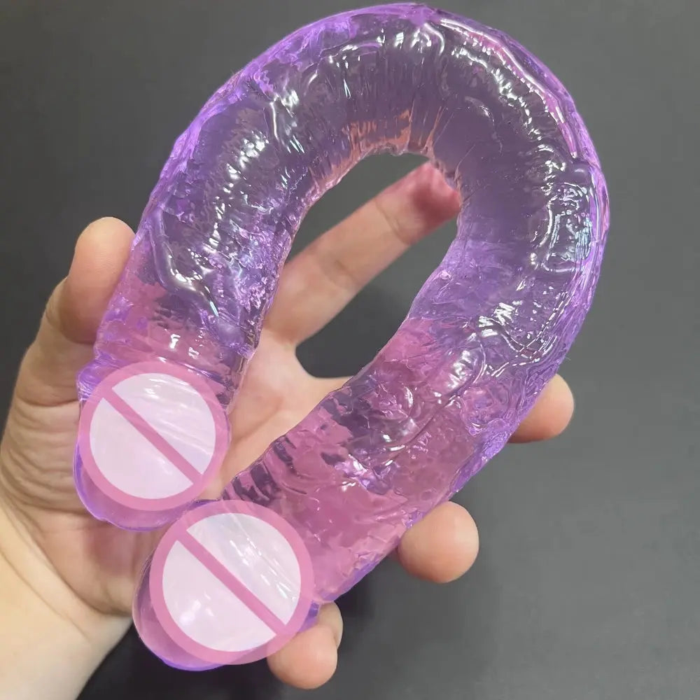 Purple double dildo with realistic penis design, bullet vibrator, suitable for lesbian play and adult vaginal and anal stimulation.