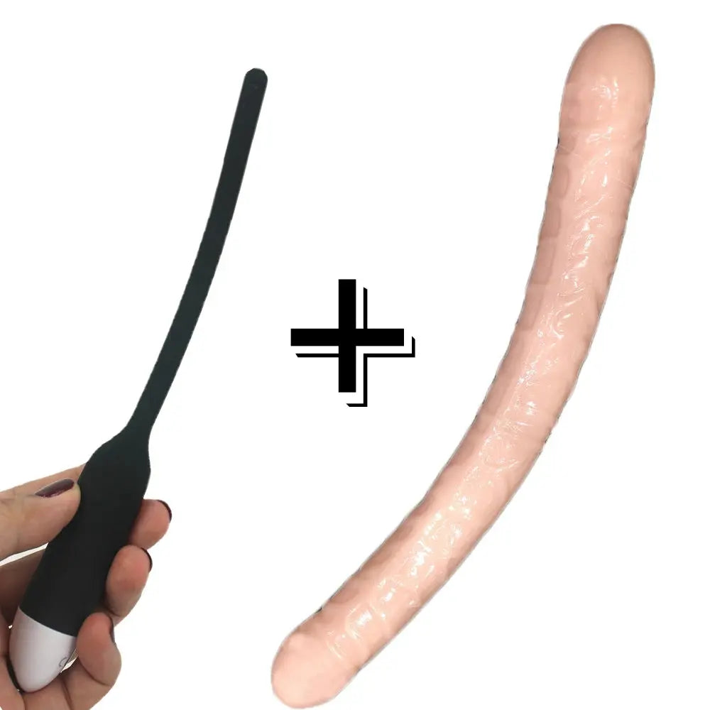 Purple realistic double dildo with bullet vibrator, designed for lesbian couples, suitable for anal and vaginal pleasure.