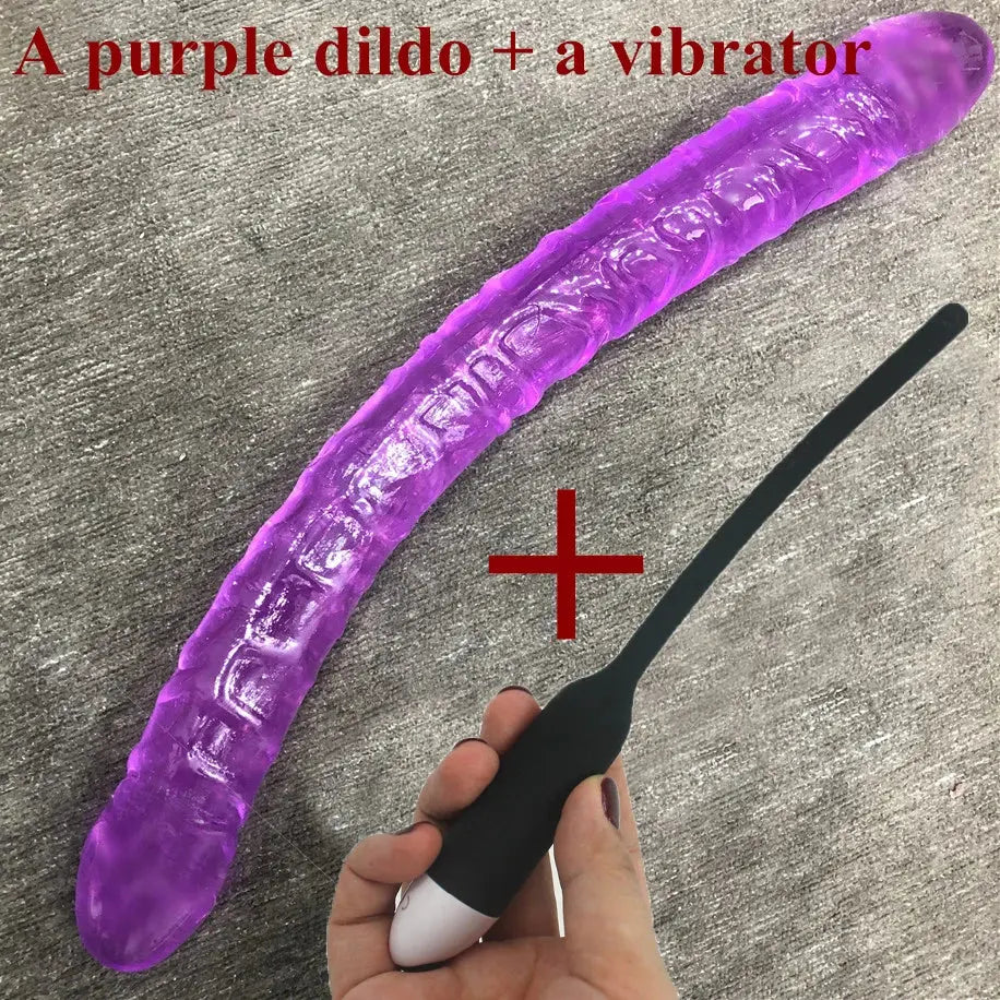Purple double dildo with realistic penis design, accompanied by a bullet vibrator, for lesbian couples and adult pleasure.