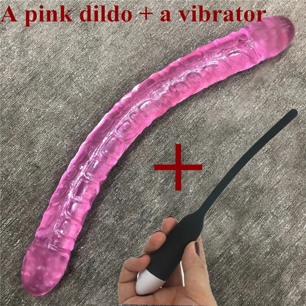 Purple double dildo with realistic penis design, accompanied by a bullet vibrator, for lesbian couples and adult sex play.