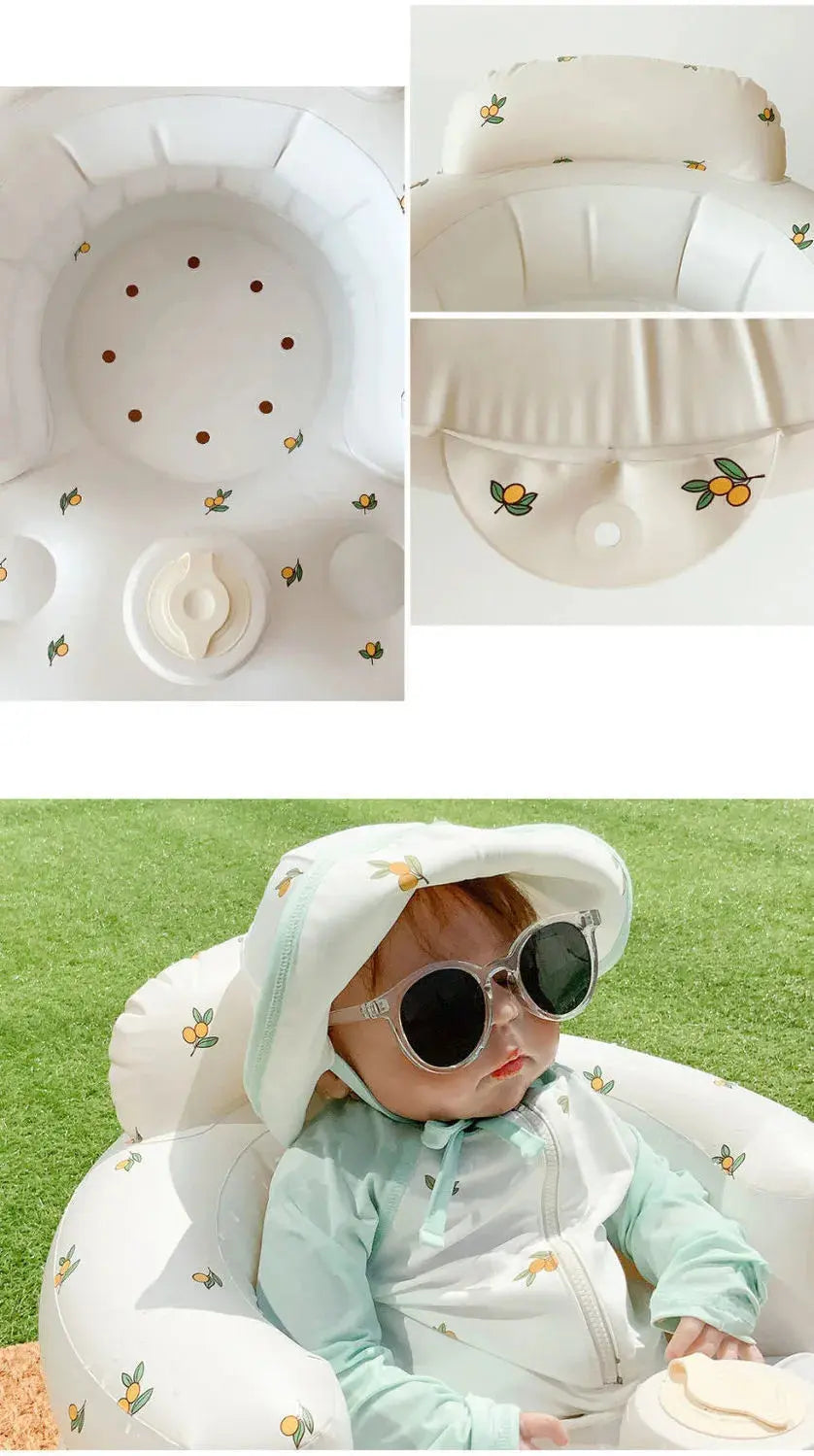 Inflatable baby chair by SHOPEZRA L.L.C. with rainbow design, suitable for dining and bath, shown inflated and ready for use.