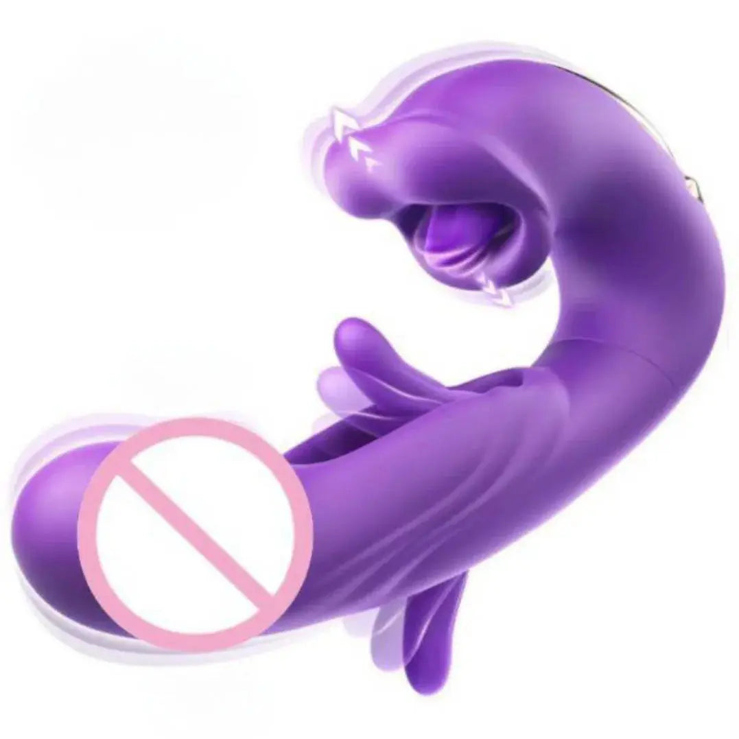 Red SHOPEZRA L.L.C. 3-in-1 telescopic rotating vibrator with G-spot, clitoral stimulator, waterproof design, and tongue-licking feature.