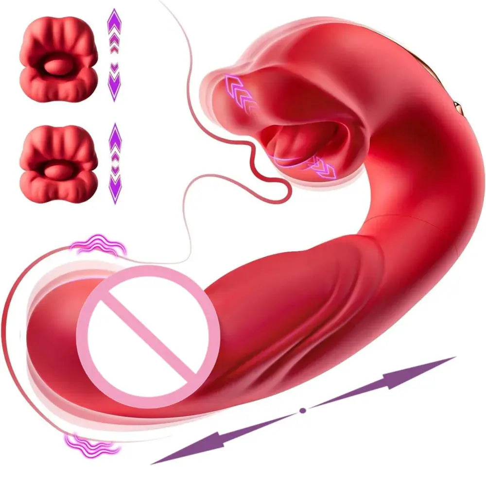 Red SHOPEZRA 3-in-1 telescopic vibrating sex toy with rotating dildo, G-spot and clitoral stimulation, waterproof for women.