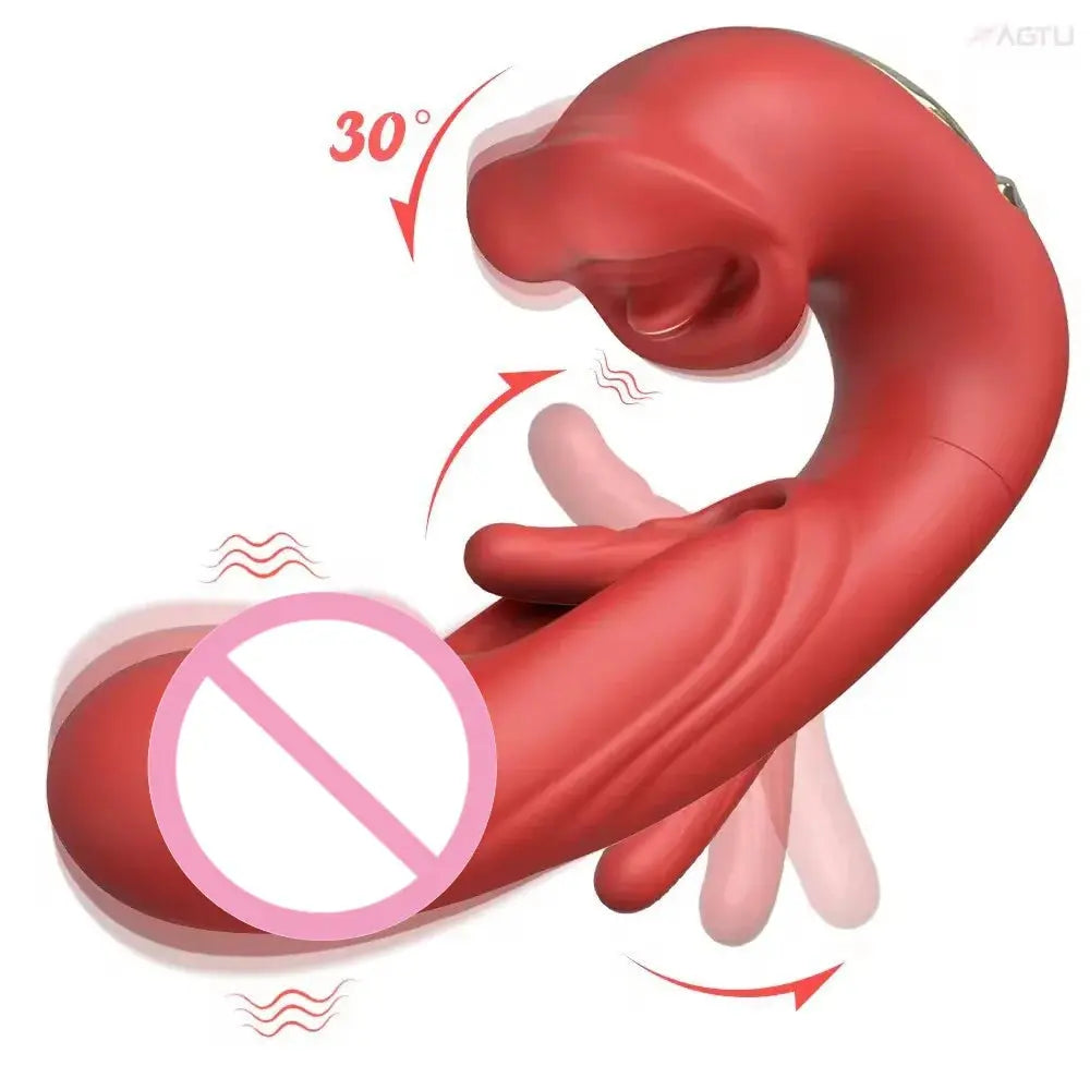 Red SHOPEZRA L.L.C. 3-in-1 telescopic vibrating sex toy with rotating dildo, G-spot, clitoral stimulation, waterproof, and tongue-licking features.