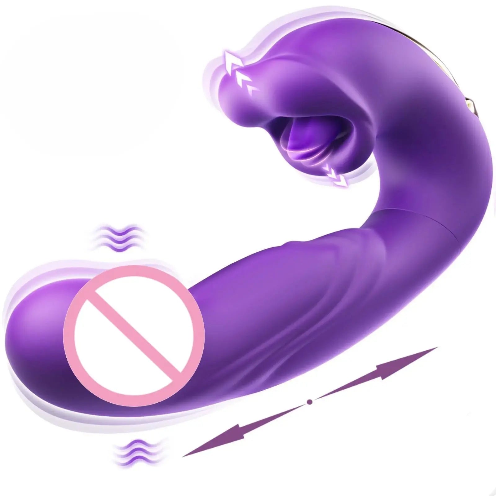 Red SHOPEZRA L.L.C. 3-in-1 telescopic vibrating sex toy with rotating dildo, G-spot, clitoral stimulation, waterproof, and tongue-licking features.