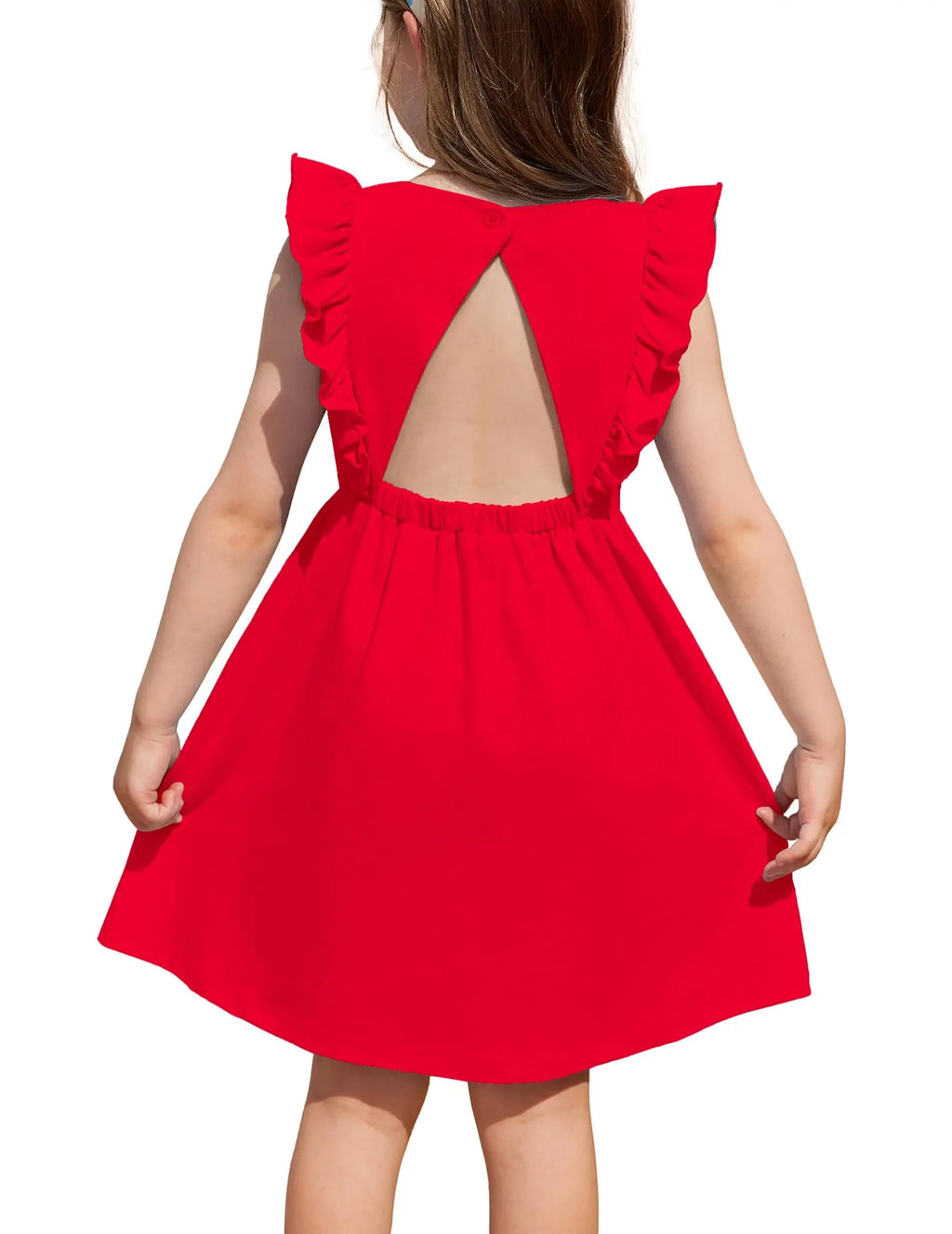 Back view of a little girl wearing a red backless ruffle sleeve dress for girls with a unique design and pockets.