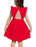 Backless ruffle sleeve dress for girls in bright red with butterfly sleeves and elastic waist design.