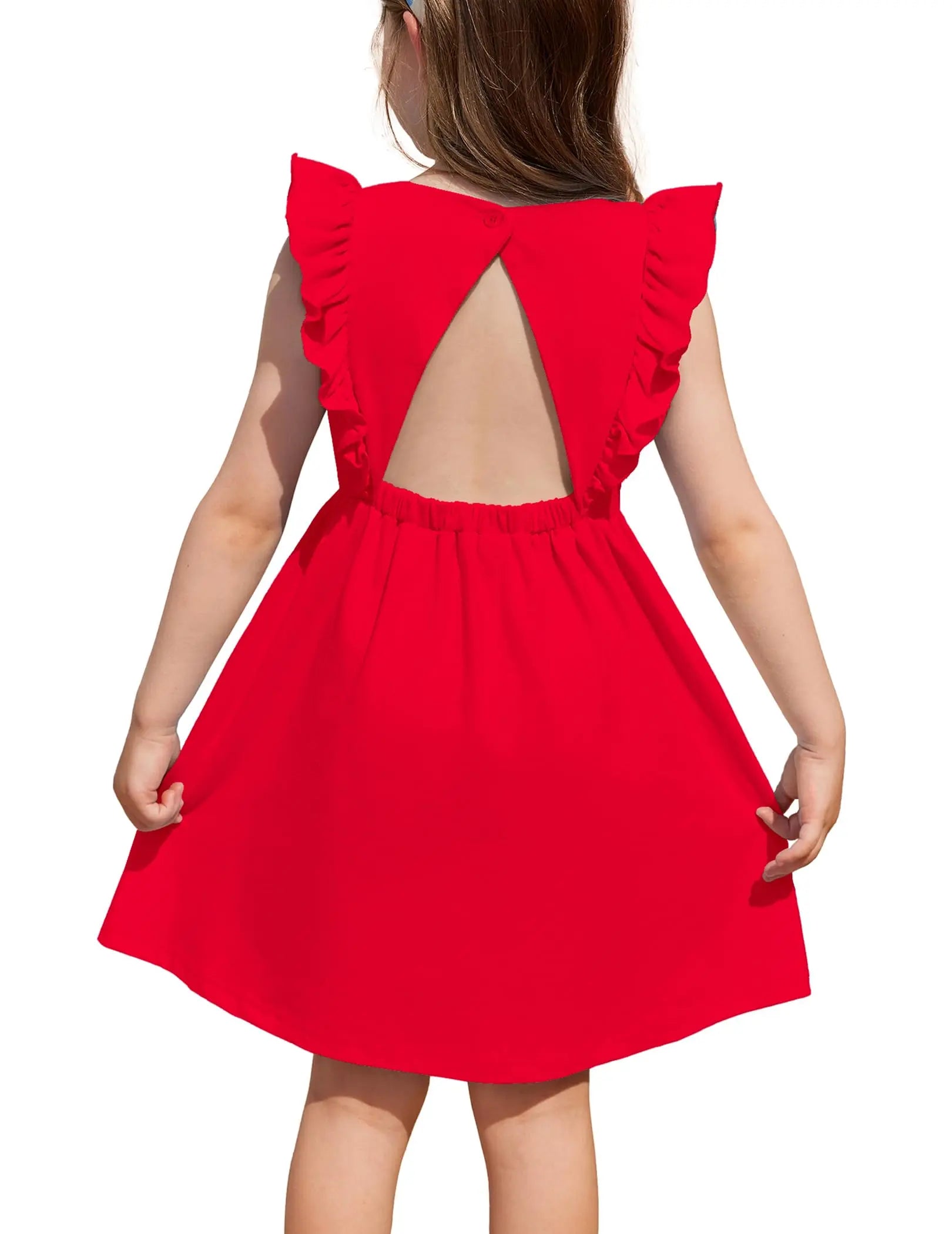 Backless ruffle sleeve dress for girls in bright red with butterfly sleeves and elastic waist design.