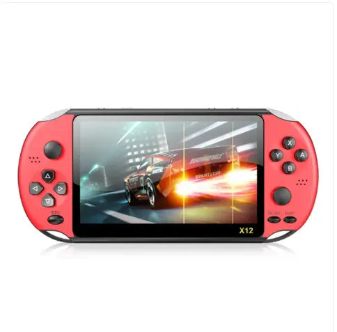 Portable retro game console displaying a racing game on the vibrant screen of the ArcadePro X12.
