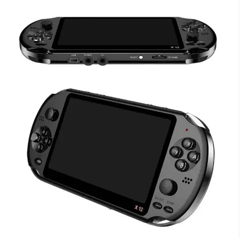 Red and blue SHOPEZRA L.L.C. retro handheld game console with colorful buttons and screen for portable gaming fun.