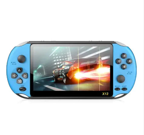 Red and blue SHOPEZRA L.L.C. retro handheld game console with colorful buttons and screen, perfect for portable gaming.