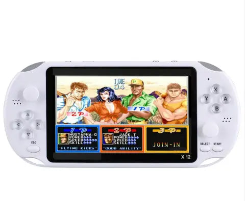 Red and blue SHOPEZRA L.L.C. retro handheld game console with classic buttons and colorful screen display.