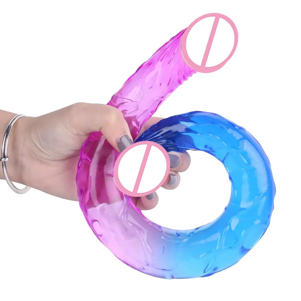 Red and blue double-ended realistic dildo from SHOPEZRA L.L.C., flexible design, long shaft, anal plug, G-spot stimulator for women and couples.