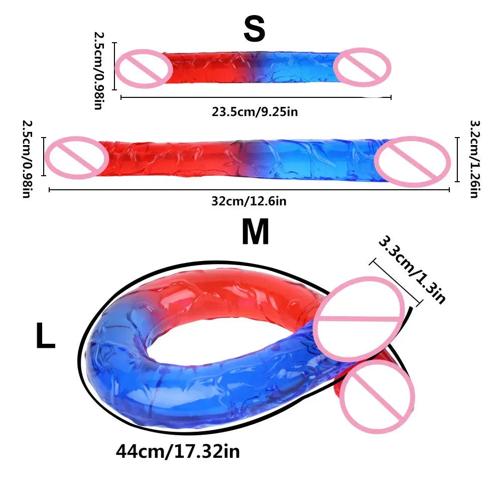Double-ended realistic dildo by SHOPEZRA L.L.C. in red and blue, flexible design for G-spot and anal stimulation.