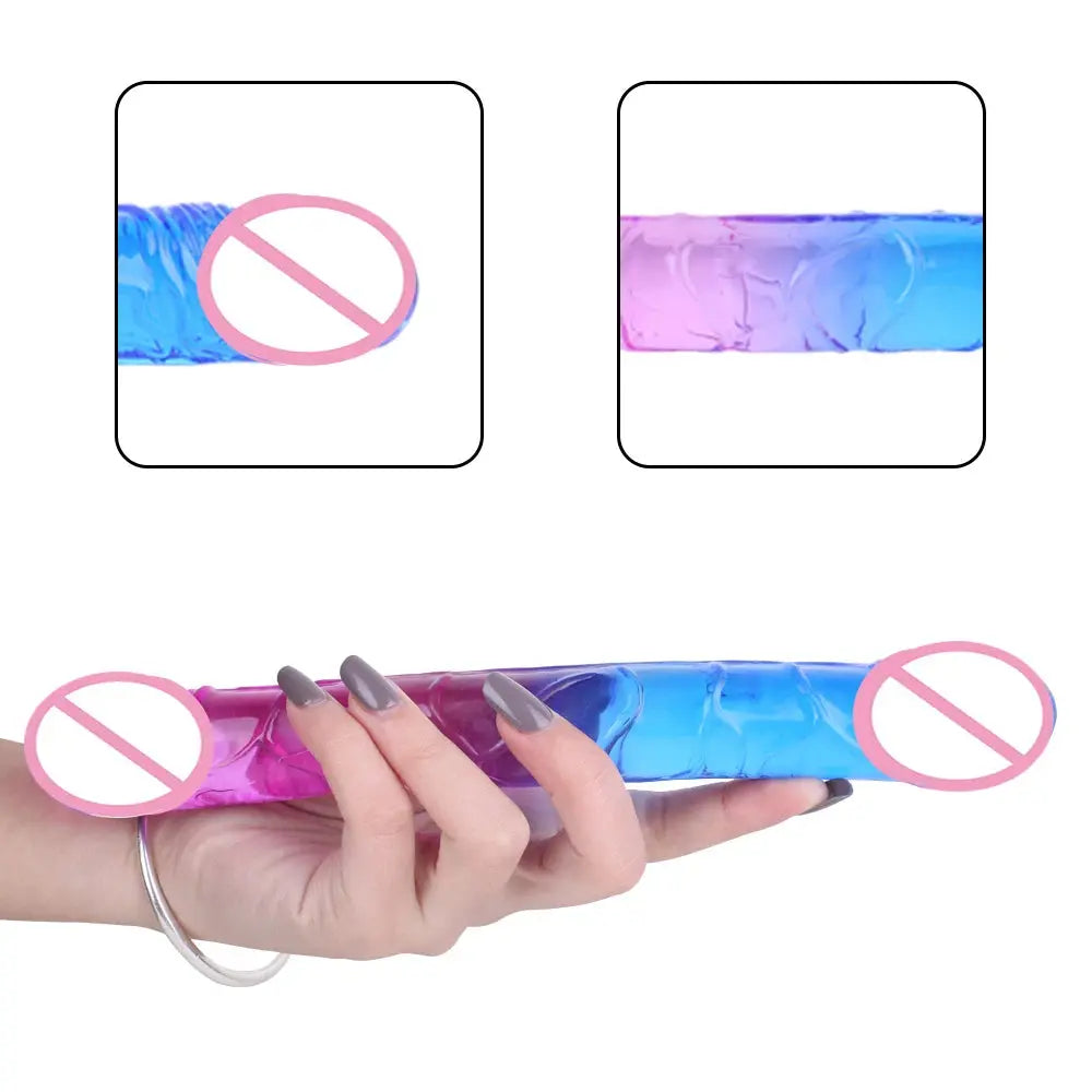 Red and blue double-ended realistic dildo by SHOPEZRA L.L.C., flexible, long, g-spot stimulator, suitable for anal and vaginal use.