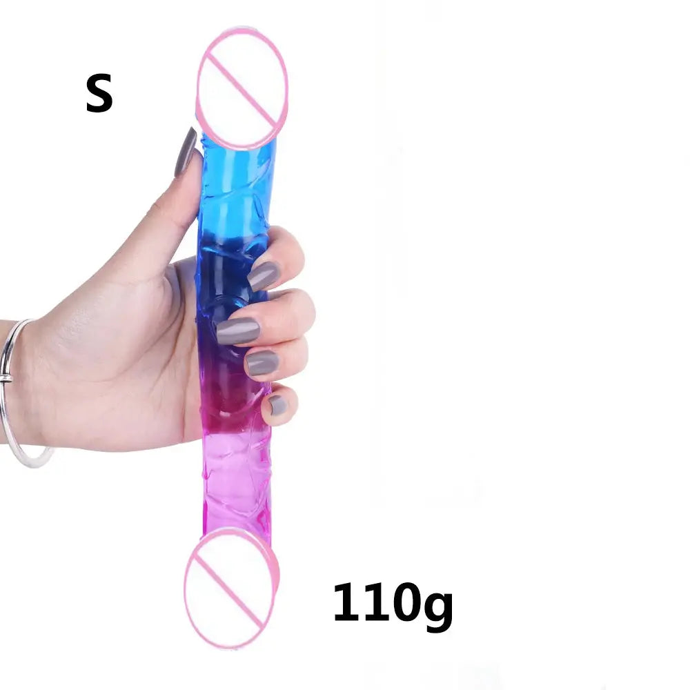Red and blue double-ended realistic dildo by SHOPEZRA L.L.C., flexible, long, with anal butt plug and G-spot stimulation for women and couples.