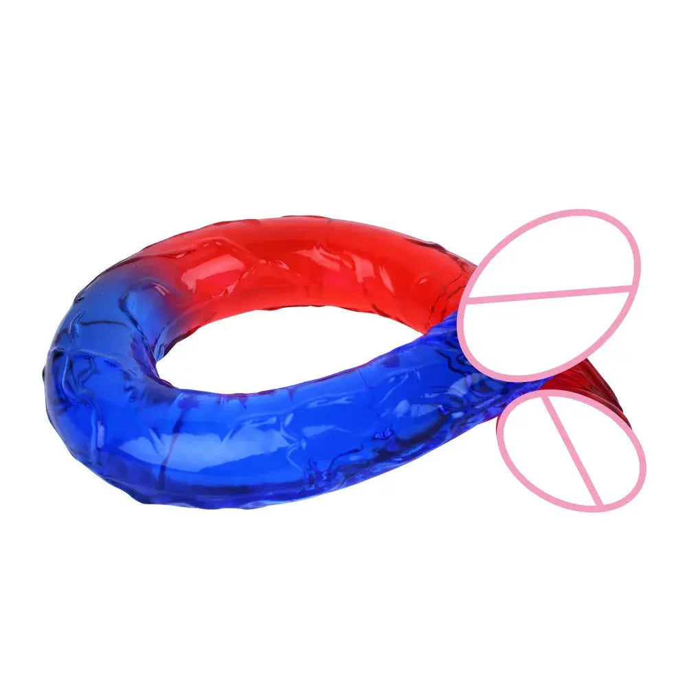 Red and blue double-ended realistic dildo from SHOPEZRA L.L.C. flexible sex toy for G-spot and anal play for women and couples.