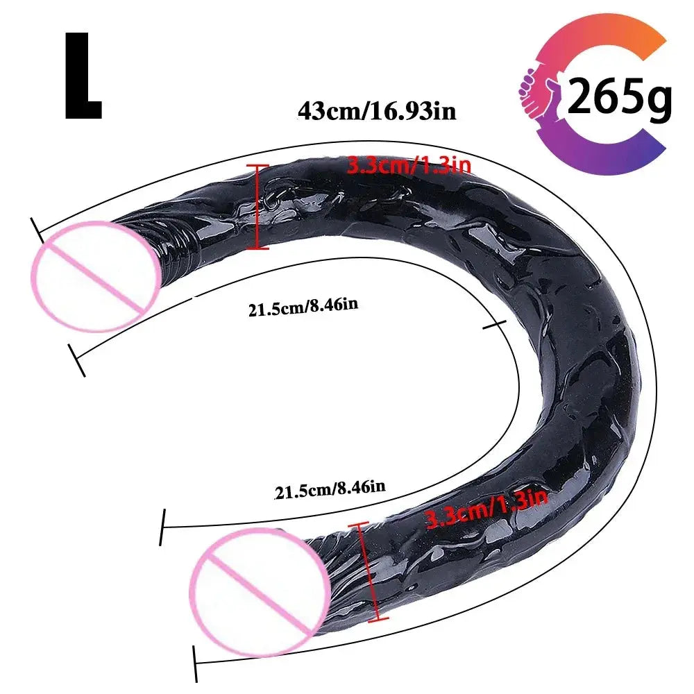 Red and blue double-ended realistic dildo by SHOPEZRA L.L.C., flexible for double-sided anal play and G-spot stimulation.