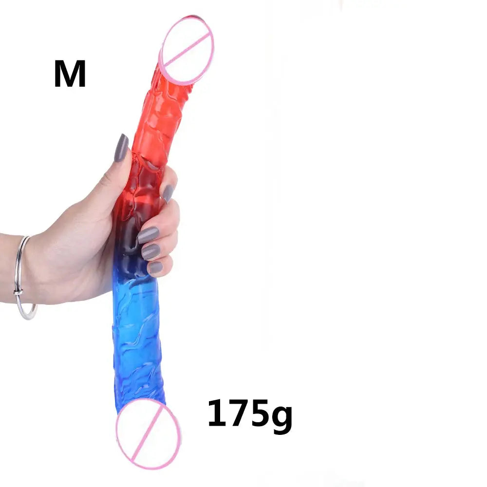 Red and blue double-ended realistic dildo by SHOPEZRA L.L.C., flexible for double-sided anal play and G-spot stimulation.