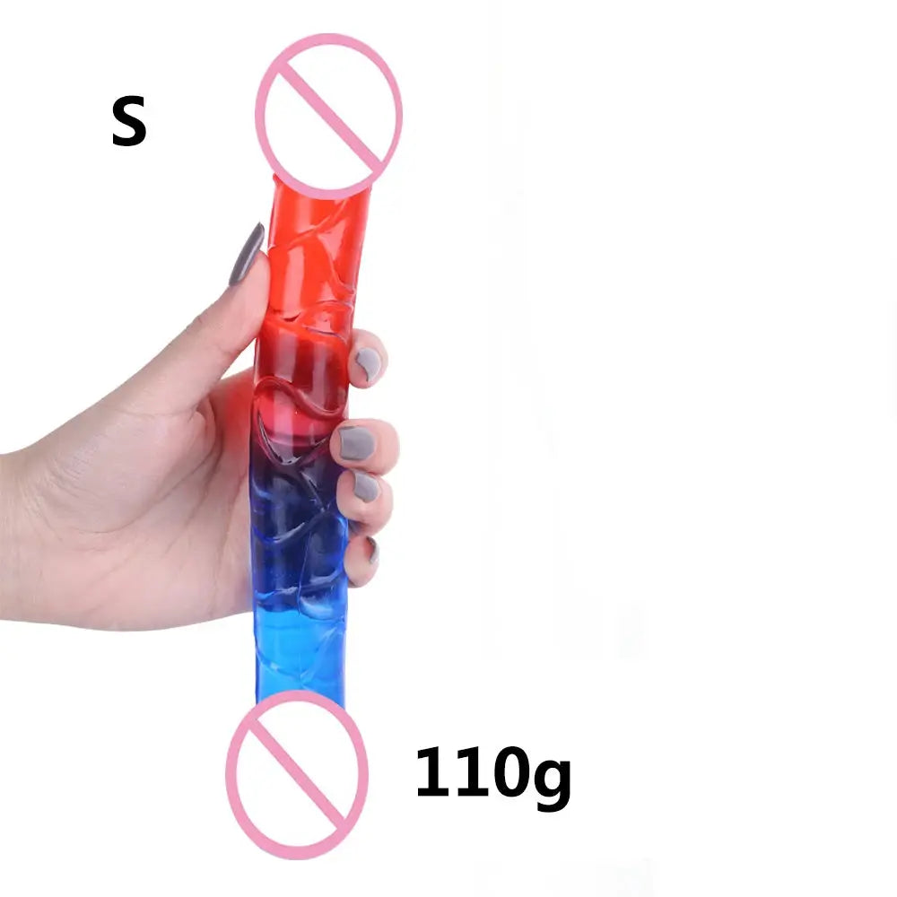 Red and blue double-ended realistic dildo by SHOPEZRA L.L.C. flexible, long, and designed for double-sided anal play and G-spot stimulation.