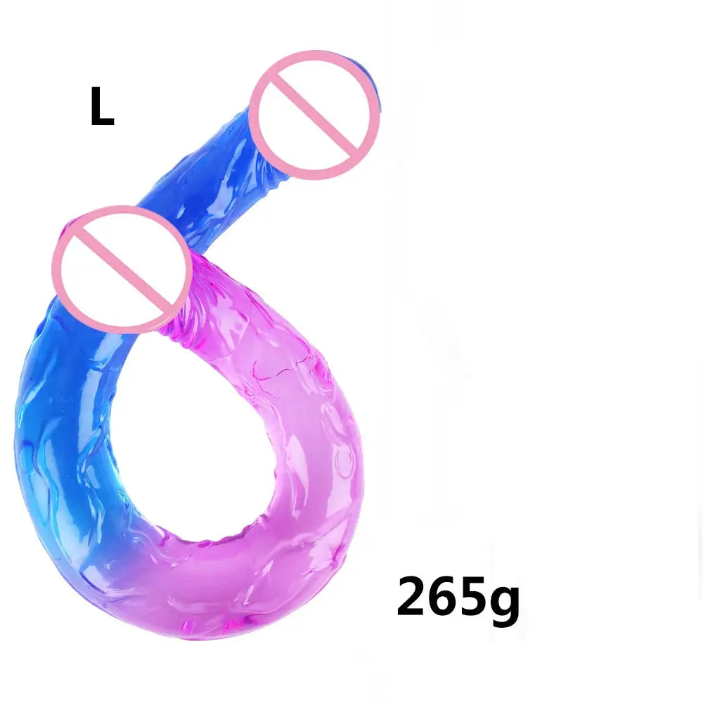 Flexible double-ended realistic dildo with red and blue colors, designed for double-sided anal play and G-spot stimulation for women and couples.