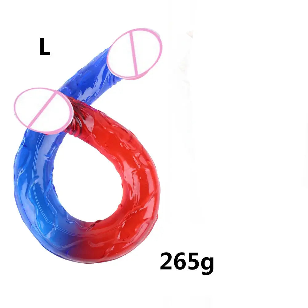 Red and blue double-ended realistic dildo by SHOPEZRA L.L.C., flexible design for G-spot and anal stimulation for women and couples.