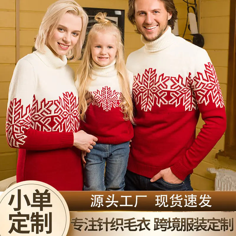 Red Christmas family jacquard turtleneck sweater by SHOPEZRA L.L.C., festive holiday clothing for women and families.