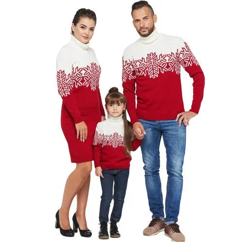 Red Christmas family jacquard turtleneck sweater by SHOPEZRA L.L.C., featuring festive holiday design for women and family wear.