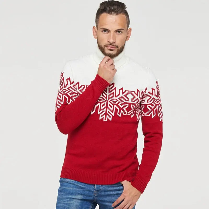 Red Christmas jacquard turtleneck sweater by SHOPEZRA L.L.C., featuring festive holiday design for family Christmas clothing.