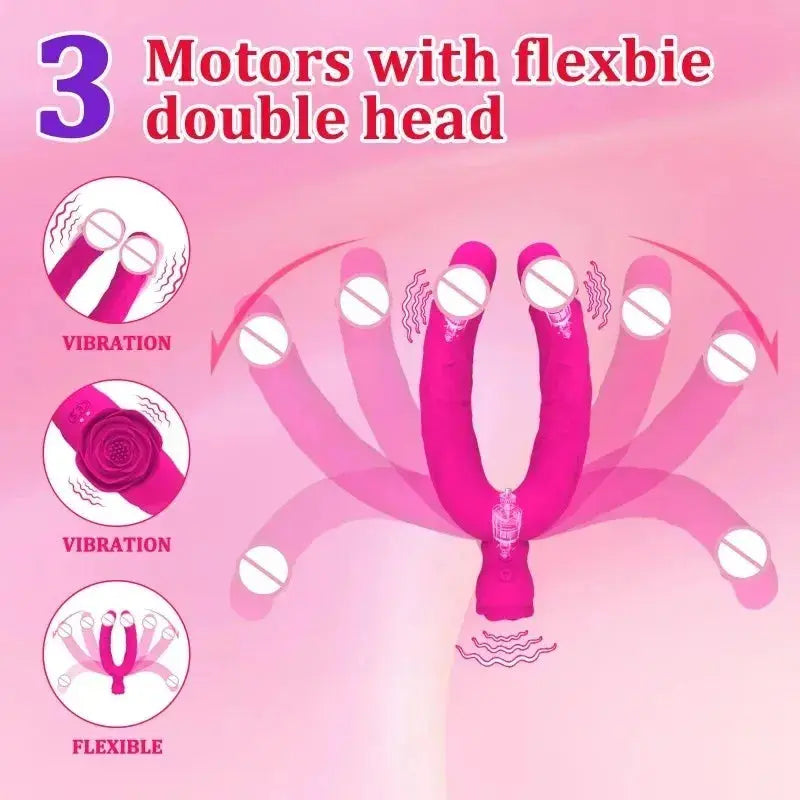 Red double-ended vibrating dildo by SHOPEZRA L.L.C., flexible realistic silicone G-spot stimulator and anal massager.