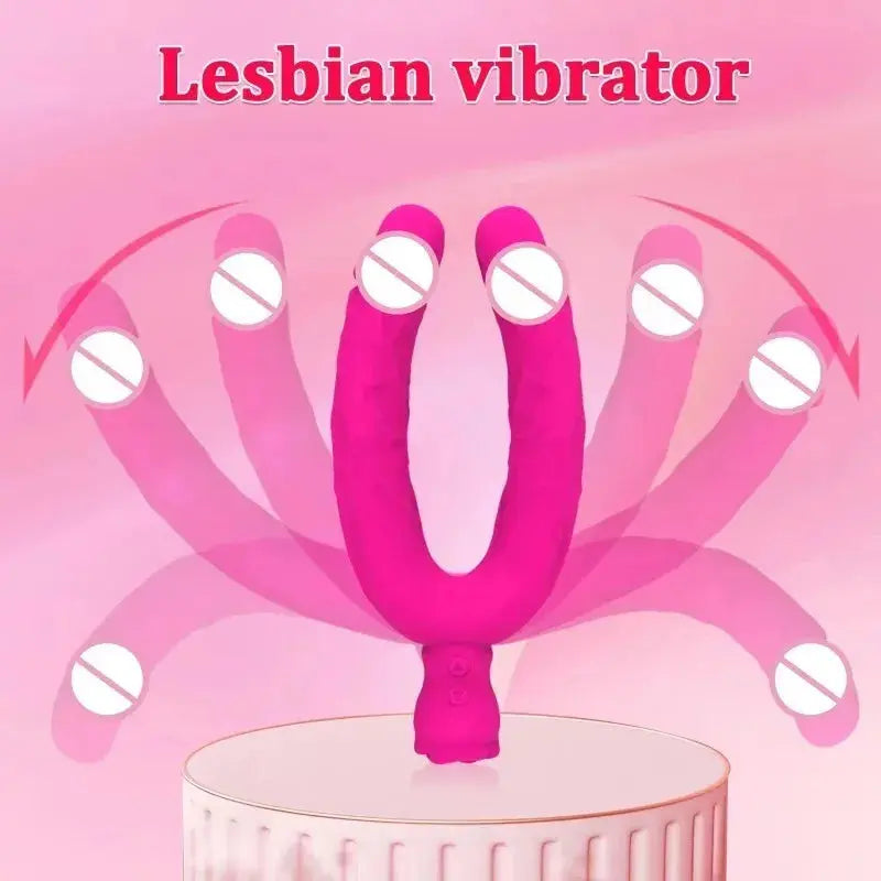 Red double-ended vibrating dildo from SHOPEZRA L.L.C. featuring realistic design, flexible silicone body, G-spot, and anal massager.