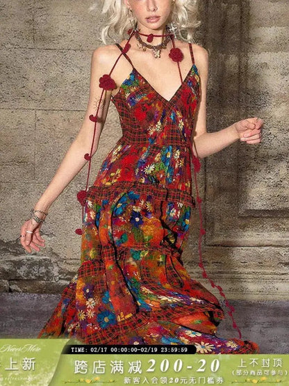 TheNeverMo Fireworks Burning Spring French Retro V-neck Strap Floral Long Dress for Holiday dress Summer by Dropshipman