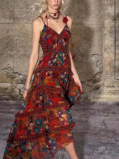 TheNeverMo Fireworks Burning Spring French Retro V-neck Strap Floral Long Dress for Holiday dress Summer by Dropshipman