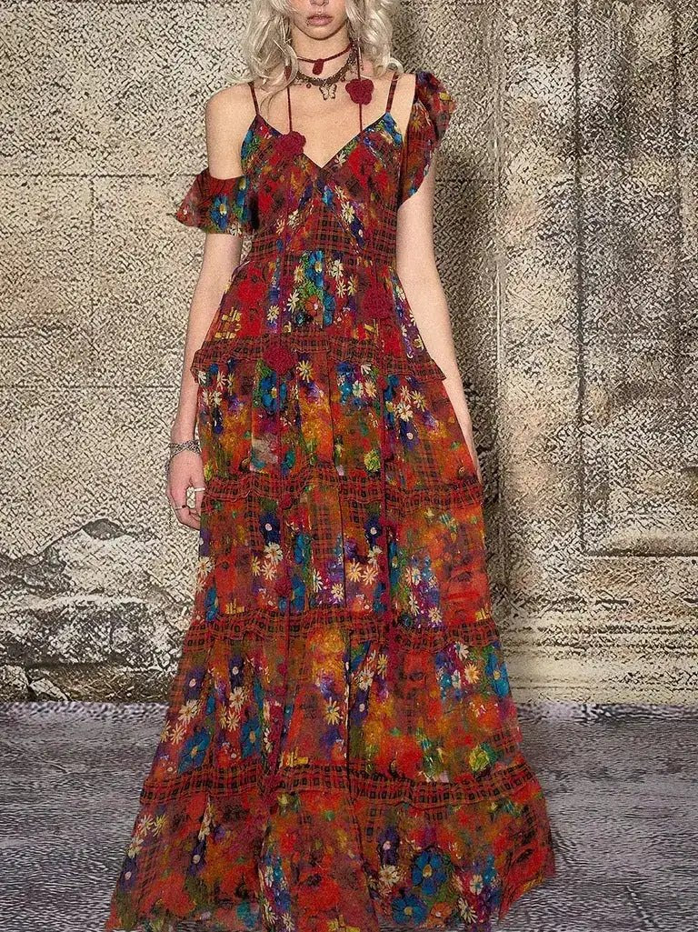 TheNeverMo Fireworks Burning Spring French Retro V-neck Strap Floral Long Dress for Holiday dress Summer by Dropshipman