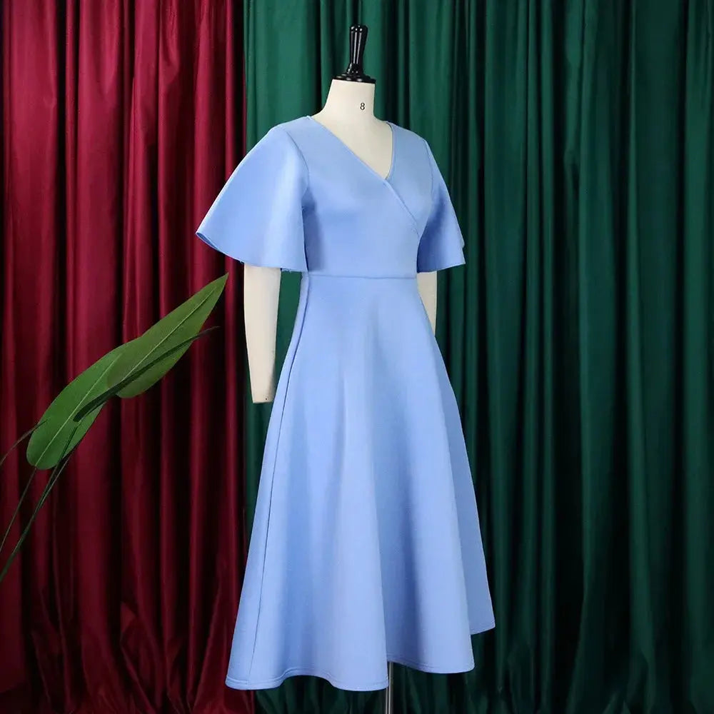 Elegant Dresses for Women V Neck Flare Sleeve High Waisted Pleated A Line Mid Calf Luxury Birthday Party Dinner Vestidos Mujer SHOPEZRA L.L.C.