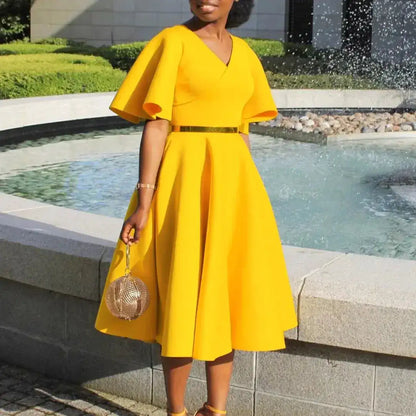Elegant Dresses for Women V Neck Flare Sleeve High Waisted Pleated A Line Mid Calf Luxury Birthday Party Dinner Vestidos Mujer by Dropshipman