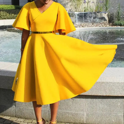 Elegant Dresses for Women V Neck Flare Sleeve High Waisted Pleated A Line Mid Calf Luxury Birthday Party Dinner Vestidos Mujer by Dropshipman