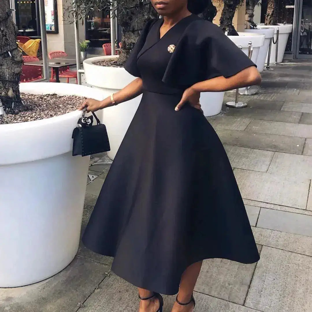 Elegant Dresses for Women V Neck Flare Sleeve High Waisted Pleated A Line Mid Calf Luxury Birthday Party Dinner Vestidos Mujer by Dropshipman