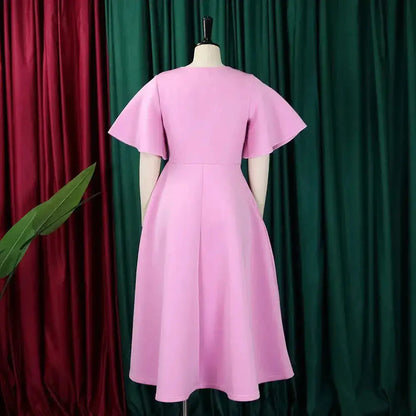 Elegant Dresses for Women V Neck Flare Sleeve High Waisted Pleated A Line Mid Calf Luxury Birthday Party Dinner Vestidos Mujer by Dropshipman
