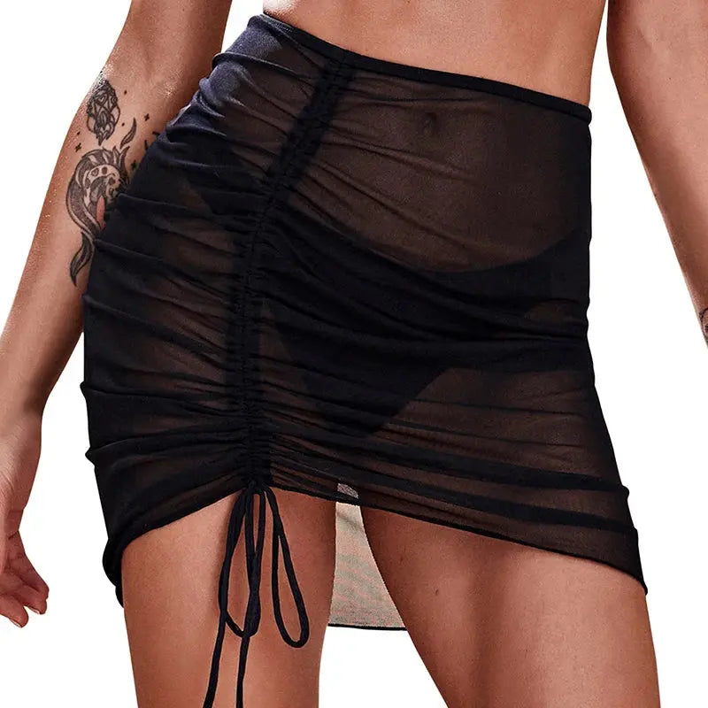 Red translucent beachwear hip skirt with ruffled overskirt, mesh fabric, drawstring waist, perfect for seaside holidays.