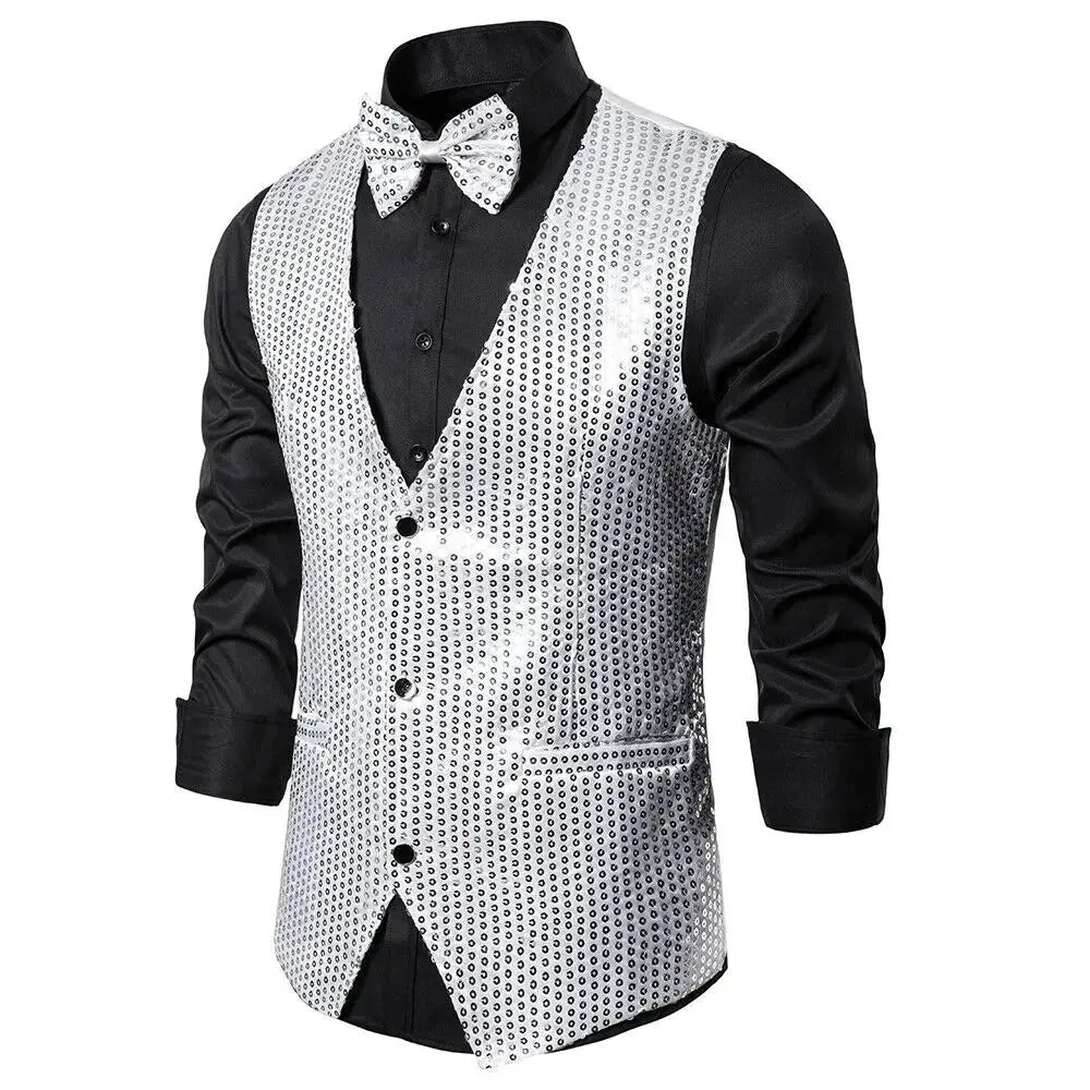 New Design Men Sequins Pattern Glitter Embellished V-neck Blazer Vest Male Evening Party Suits Plus Size hot SHOPEZRA L.L.C.