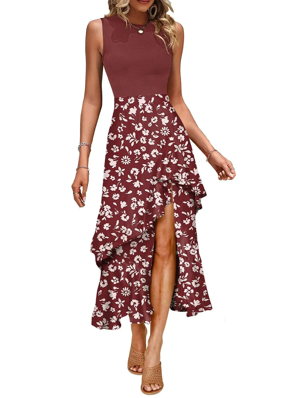 Boho maxi summer dress for women in red with floral patterns, perfect for casual spring and beach occasions.