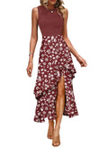 Boho maxi summer dress for women in red with floral patterns, perfect for casual spring and beach occasions.
