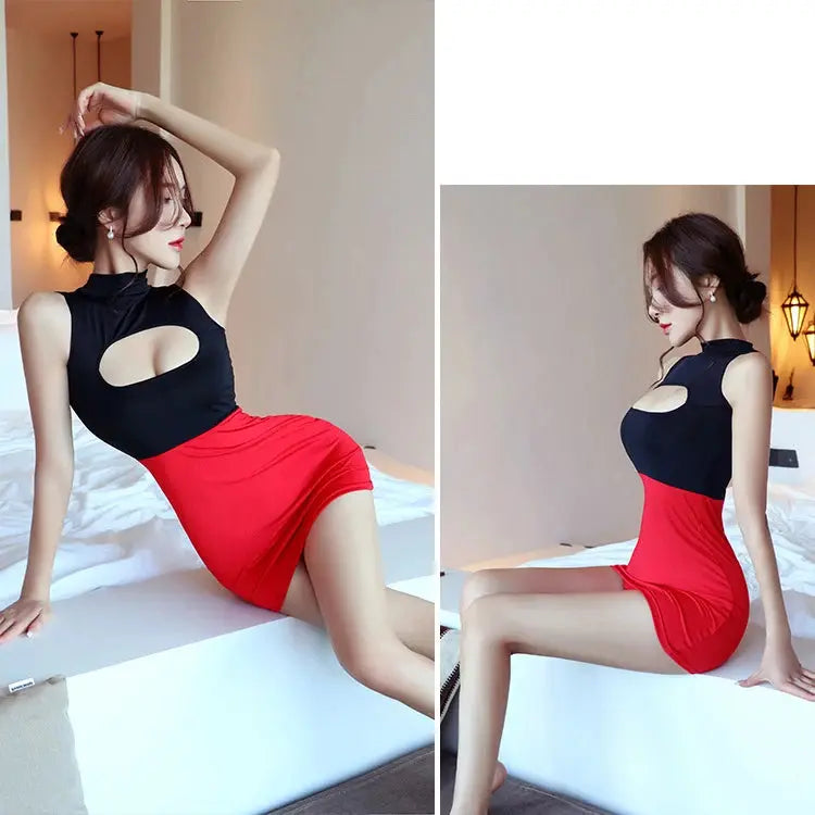 Red SHOPEZRA L.L.C. secretary dress, one-piece short skirt, passionate and pure desire style, summer nightclub attire.