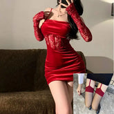 Red Christmas Sexy Lingerie, Pure Desire Velvet Sleepwear Uniform Set, Qqny Stepmother Bodycon Dress SHOPEZRA L.L.C.