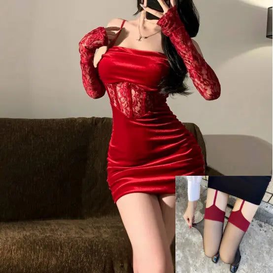 Red Christmas Sexy Lingerie, Pure Desire Velvet Sleepwear Uniform Set, Qqny Stepmother Bodycon Dress SHOPEZRA L.L.C.